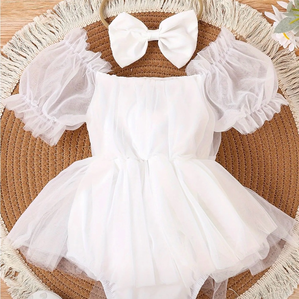 White Tulle Baby Romper with Bow